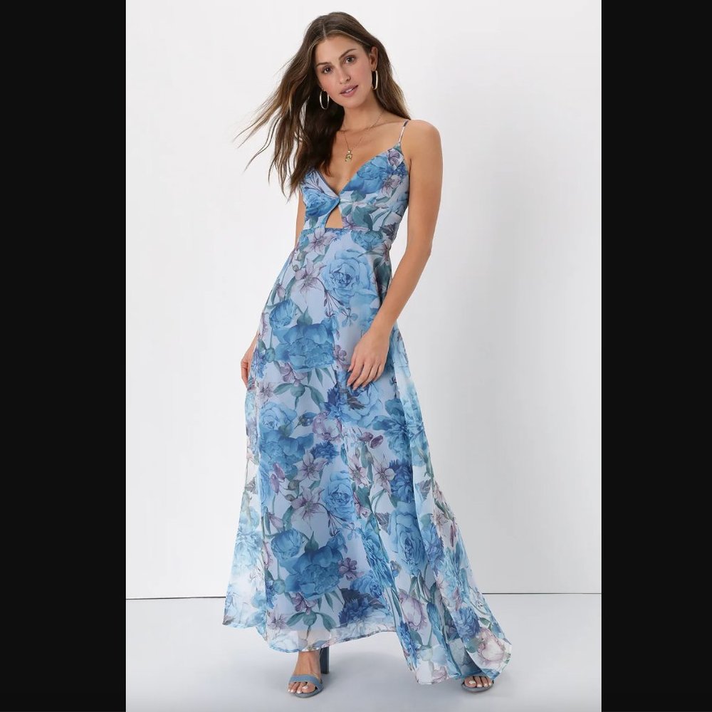 Lulu's Enchanting Entrance Blue Floral Organza Keyhole Maxi Dress